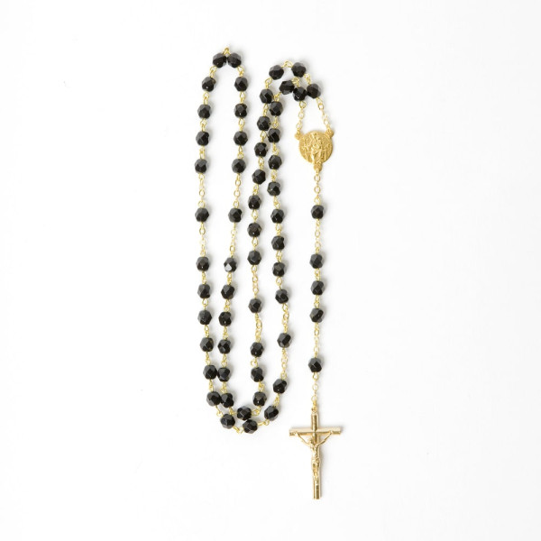 Gold-plated rosary with black glass beads